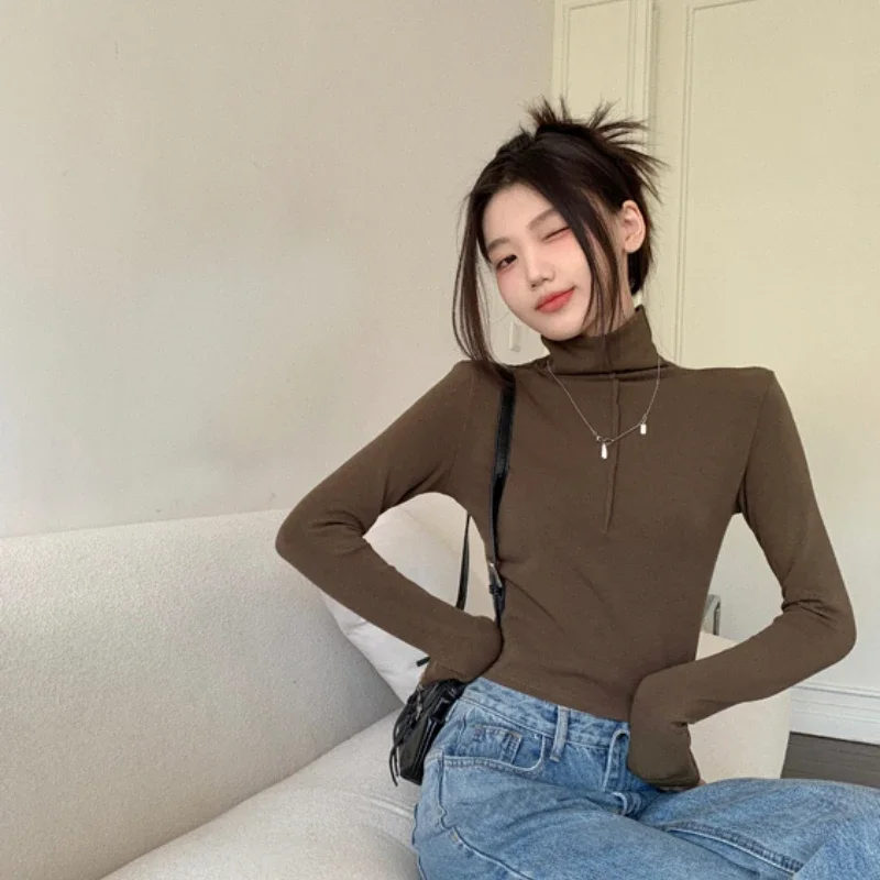 Turtleneck Long-sleeved T-shirt Women Autumn and Winter New Solid Bottoming Shirt Slim Short Versatile Tops Female