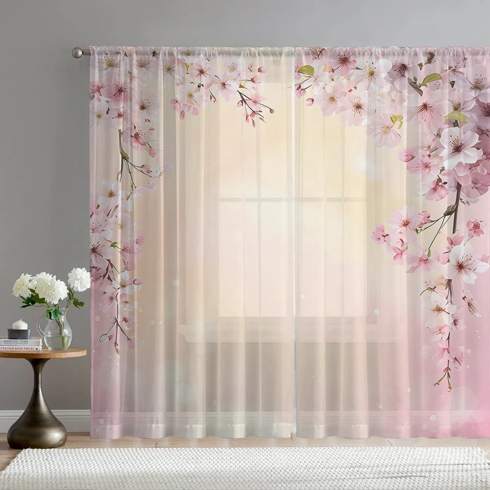 2PCS Home decoration peach blossom pink printed window screens with pole bags, suitable for kitchens, cafes, and living rooms