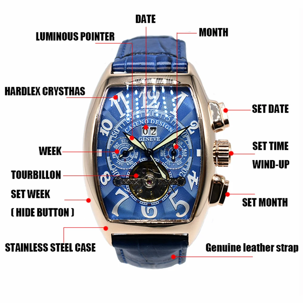 Mens Mechanical Watch Barrel Shape Stainless Steel Waterproof Automatic Calendar Multifunctional Retro Business Tourbillon Watch