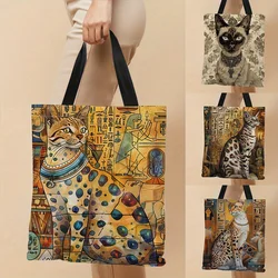 Borsa Tote in tela stampata con gatto egiziano antico 1pc, leggera, borsa per la spesa con robusti manici neri