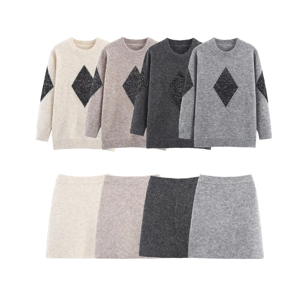 

Осень-зима, женский свитер с круглым вырезом, комплекты из 2 предметов, вязаная мини-юбка с высокой талией, костюмы, жаккардовые свитера с бриллиантами, комплекты 2025