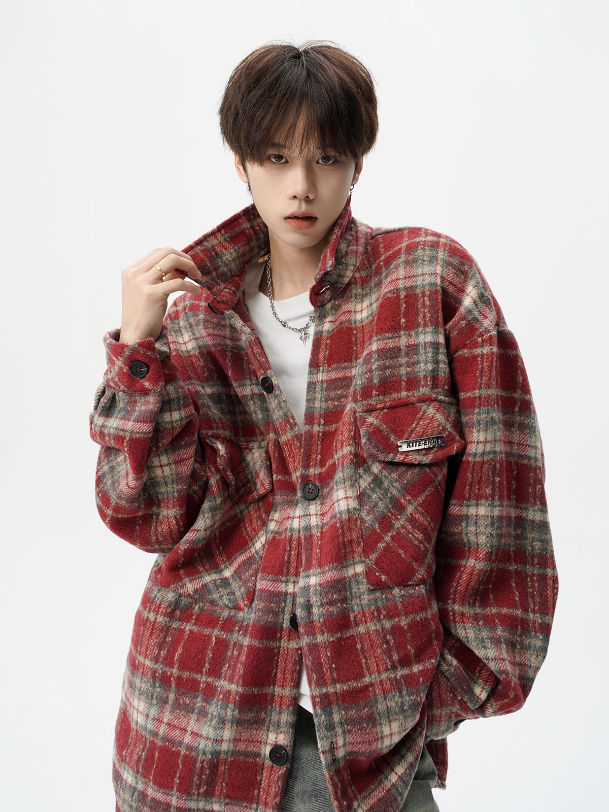 2025 Spring and Autumn Men's Japanese Style Plaid Long Sleeve Black Shirt High Street Loose Casual Versatile Red Shirt
