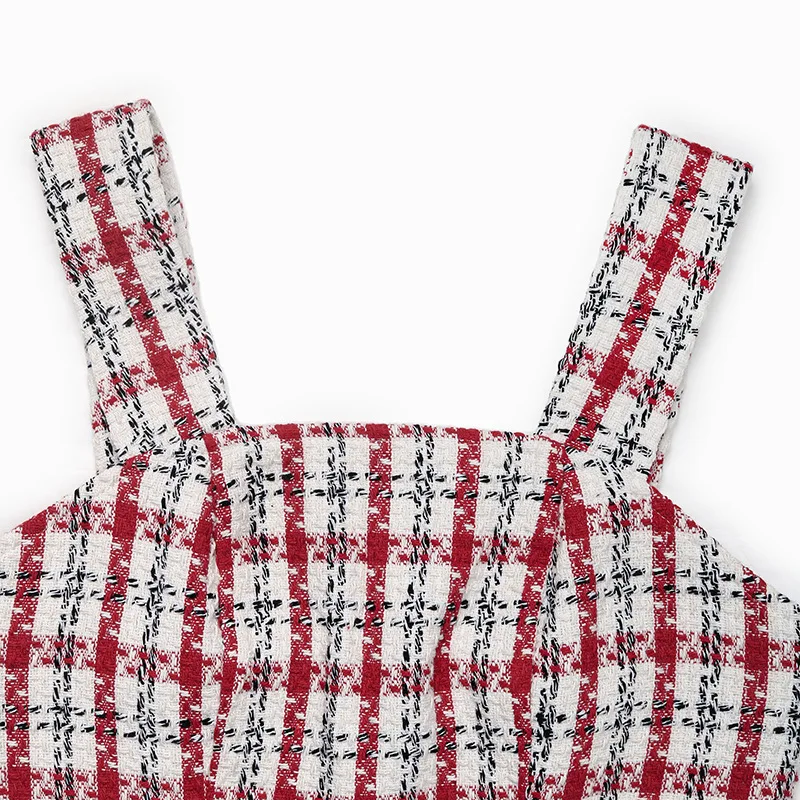 2025 가을 여성 의류 신상 루즈핏 플래드 스몰 향기 드레스 민소매 스트랩 A라인 숏 스커트