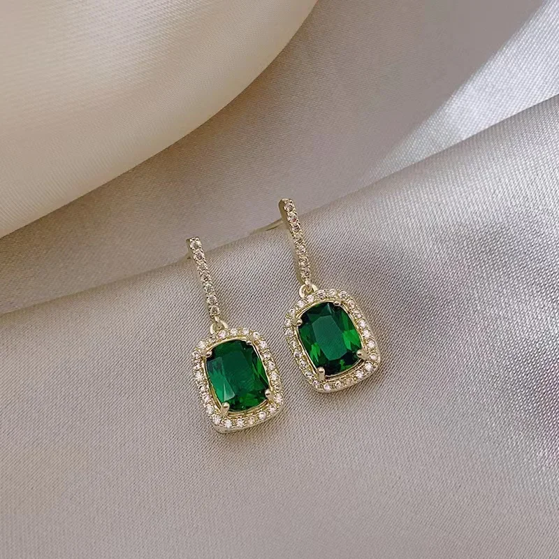 Green Color CZ Crystal Square Dangle Earring for Women Personality Simple Ear Jewelry Wholesale Christmas Gift