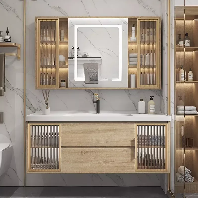 Solid Wood Integrated Ceramic Basin Bathroom Cabinet Combination Washbasin Bathroom Cabinet Luxury Gabinete Furniture