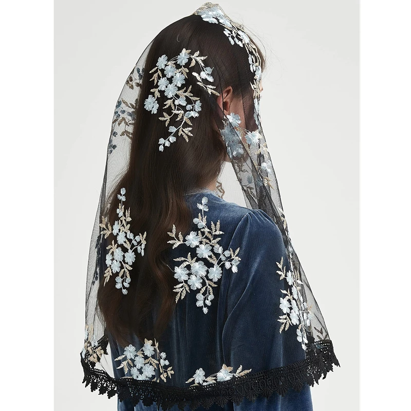 D شكل مانتيلا الحجاب الكاثوليكية أبيض أسود أبيض تول لغطاء رأس الكنيسة الشامل خمر مصلى الأزرق الزهور المطرزة