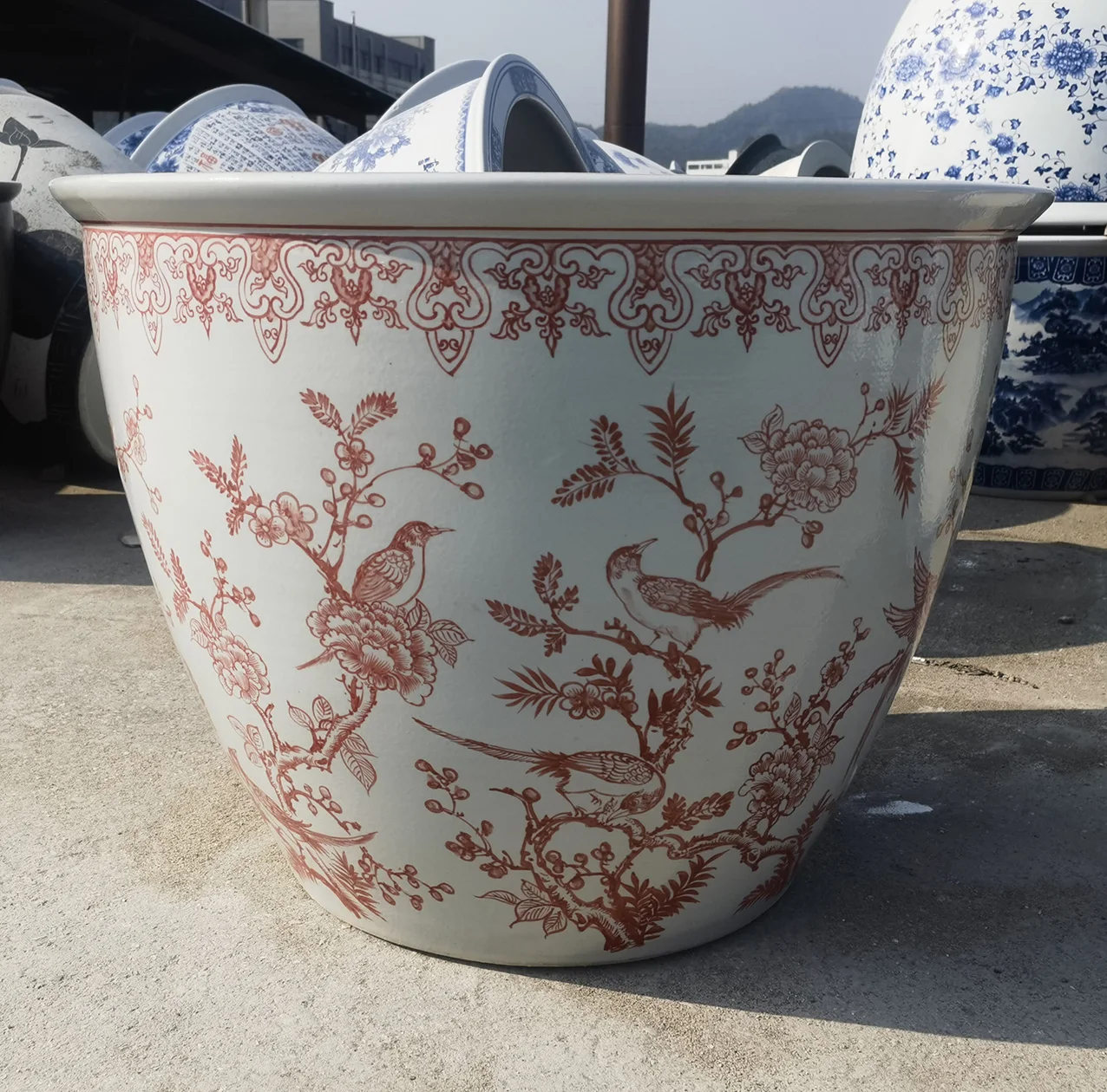white flower and bird pattern farmhouse glazed porcelain large outdoor garden floor-to-ceiling flower pot