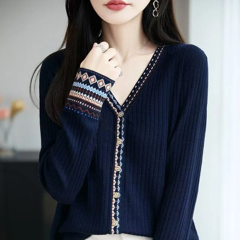 جديد طويل الأكمام محبوك سترة المرأة بالأزرار عادية الخامس الرقبة متماسكة سترة سترة المرأة بلايز Sueter Feminino تريكو Q1639 #2