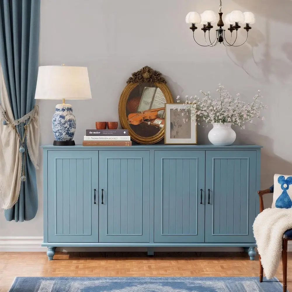 

62 Kitchen Coffee Bar with Storage, 4-Door Buffet Cabinet for Dining and Living Spaces, Blue