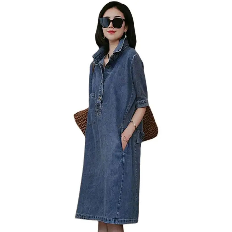 Women Denim Dress 2023New Summer Cowboy Dress Female Casual Mid Long Fashion Five-point Sleeve Jeans Dress Women Dress Vestidos