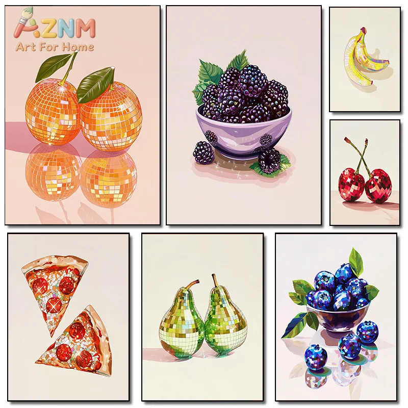 AZNM, Disco Ball Fruit Pizza Canvas Wall Art, 2D Flat Frameless Print, Trendy Funky Food Illustration Painting, Home Wall Decor