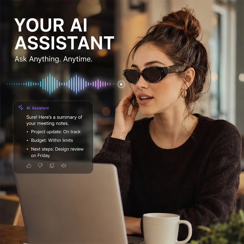 Smart Oval Glasses AI Translation With Camera Sunglasses Women Voice Assistant Bluetooth Recording 8MP Eyeglasses Charging Case
