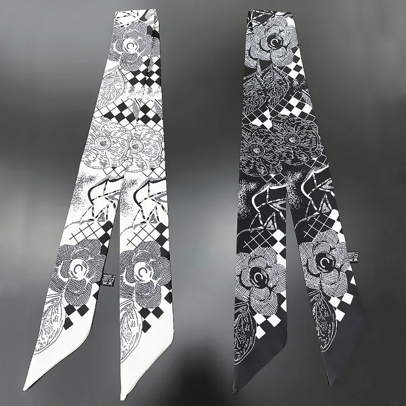 

New Black And White Camellia Print Silk Skinny Scarf for Hair Ribbons Women Decoration Twill Silk Wrapping Bag Ties Silk Scarf
