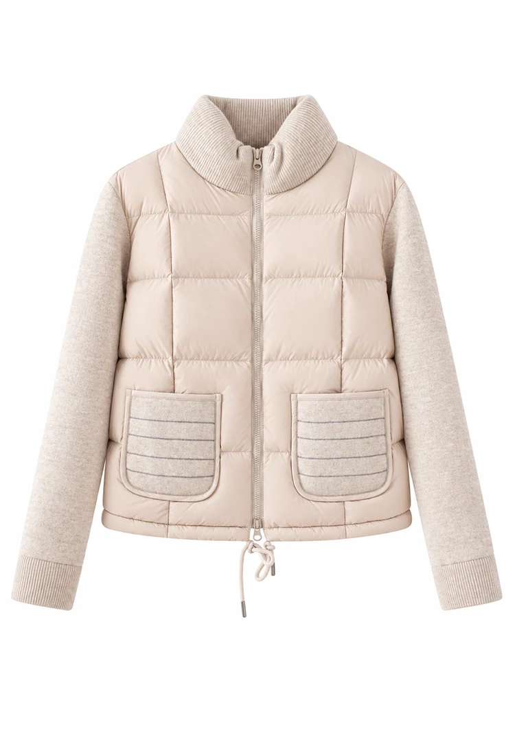 BD3621736 Women's Pure Wool Knit Hybrid Goose Down Jacket Chain Trim Pockets Stand Collar Two-Way Zip Old Money Early Autumn