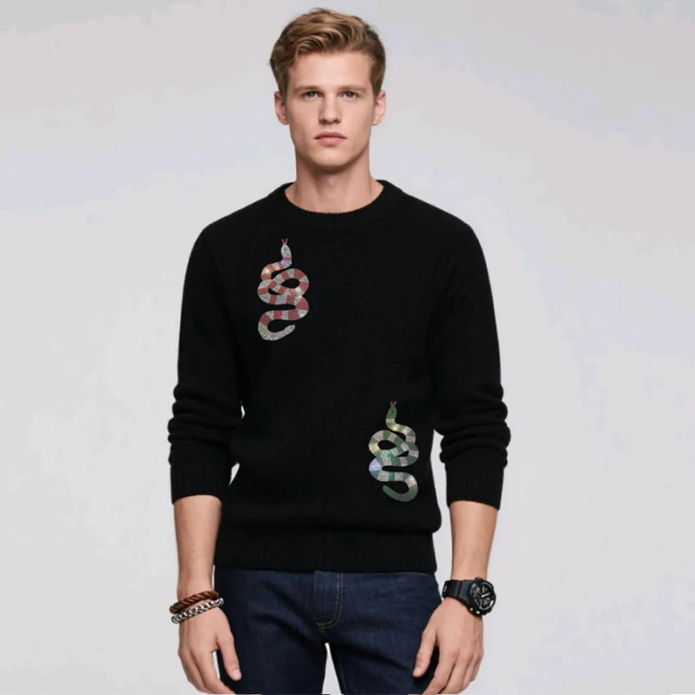 Men's Sweater Skull Pattern Rhinestone Decor Pullover Long Sleeve Crew Neck Trendy Fashion Casual Knitwear Man Clothing S-4XL