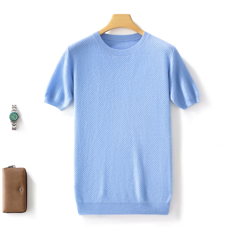 Spring Summer Men Short Sleeved 100% Wool Sweater Round Collar Cellular Grid Tees Pullover Knitted Clothing Casual Tops T-shirt