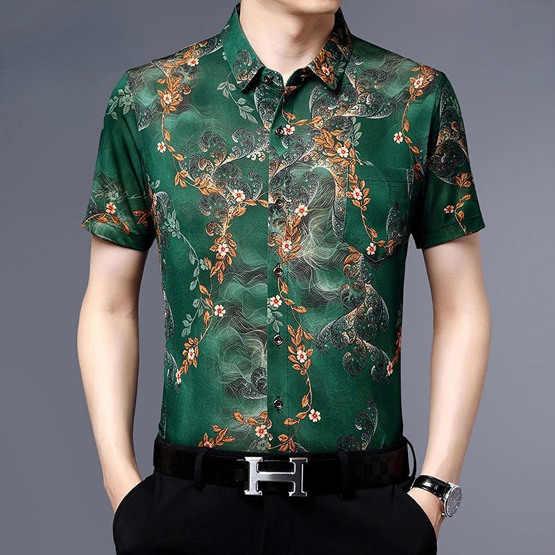 Y2k Vintage Men Summer Short Sleeve Floral Shirt Fashion New Printed Button Lapel Male Clothes Casual Loose Ice Silk Tops 2023