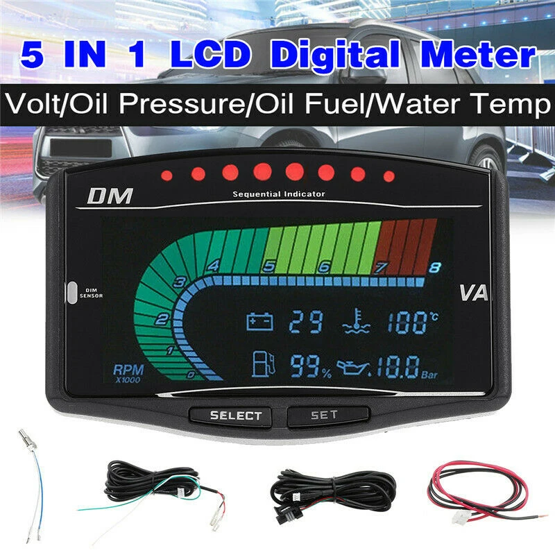 5 in 1 Universal 12V/24V Truck Car LCD Digital Oil Pressure Gauge Volt Voltmeter Water Temperature Fuel Gauge Tachometer