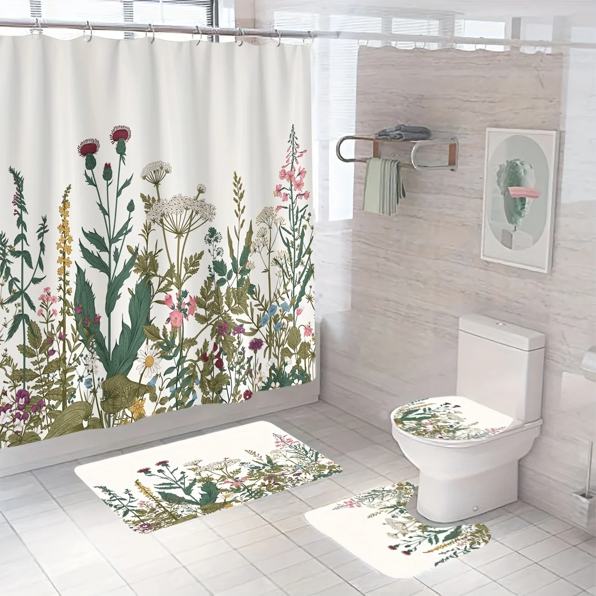 

Набор из 4 предметов изысканных занавесок для душа с цветочным принтом, тканевый комплект занавесок для душа с ковриком для ванной, нескользящий чехол для сиденья унитаза