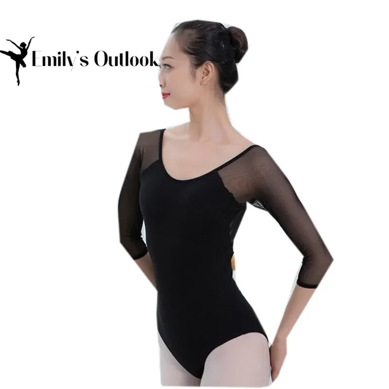 Women Ballet Dance Leotard 3/4 Sleeve With Removable Pad Sexy Mesh V-Neck Bodysuit Black Plus Size