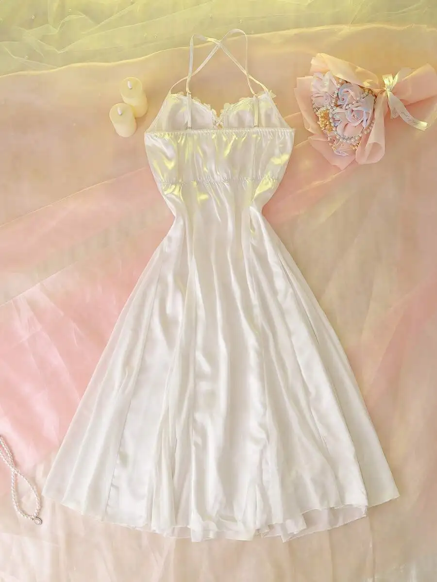 

Elegant Solid Color Satin Camisole Nightgown With Lace Trim