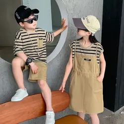 Matching Brother and Sister Clothes Fashion Korean Style Baby Girls One Piece Dress Child Boys T Shirts + Shorts Two Piece Sets