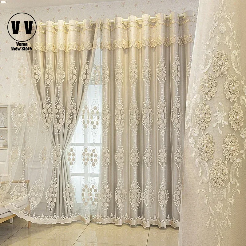 

1 Panel 132cm Width European Double Layer Curtains for Living Room Bedroom Embroidered Luxury Curtain with Valance White Tulle