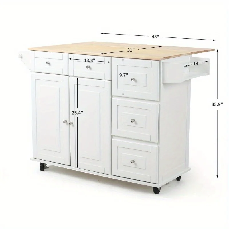 عربة جزيرة المطبخ المتنقلة من EROMMY مع سطح خشبي وأرفف قابلة للتعديل وأدراج تخزين وعجلات قفل، باللون الأبيض