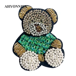 Promotion !! Handmade Green 12cm x 15cm Beaded Bear Patches Sew On Patch for Kids Clothes Jacket DIY Applique