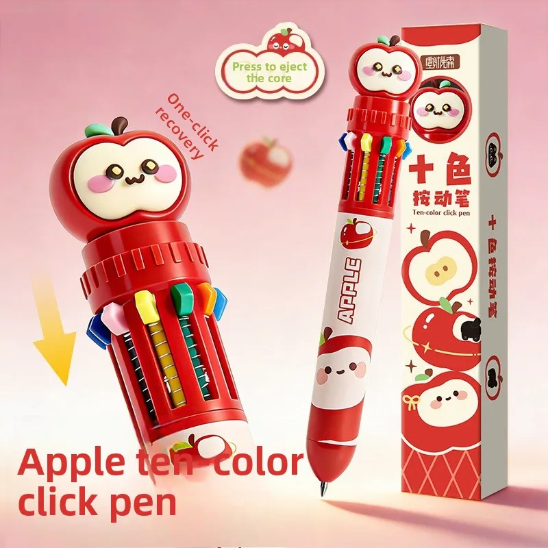 12 Pcs Creative Red Apple Cat Ten Color Ballpoint Pen for Elementary School Students Quick Drying Color Notebook Pen High Value
