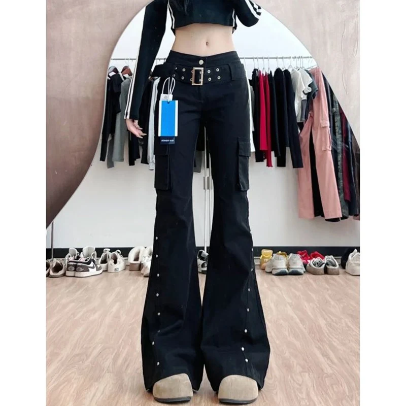 Lady Designer Black Rivet Flared Jeans Girls Retro Fashion Low Waist Trousers Women Slim Fit Thin Denim Casual Pants