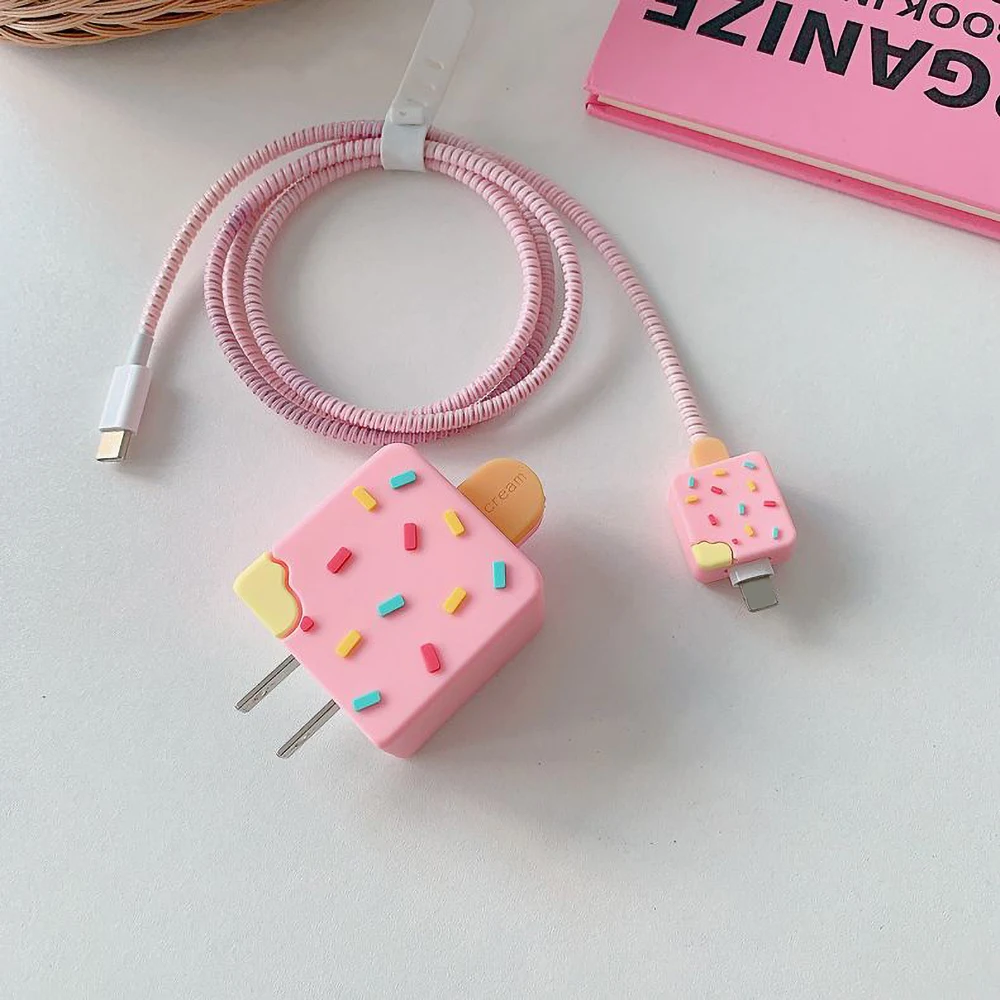 Cute Ice Cream Design Charger Cable Protector Cover For iPhone 17 16 15 14 11 18W/20W Charger Data Cord Winder Protective Case