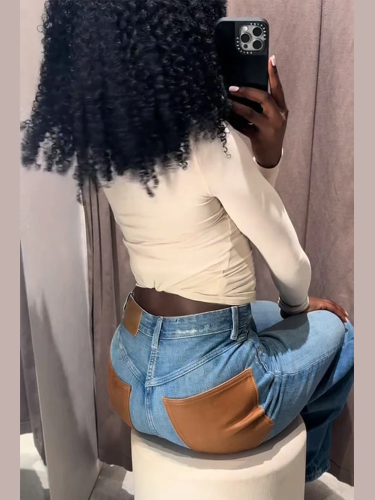 

Женские джинсы из искусственной кожи с пэчворком и карманами, широкие штанины, высокая талия, свободный крой, повседневные, для города, уличный стиль, модные брюки Весна 2026