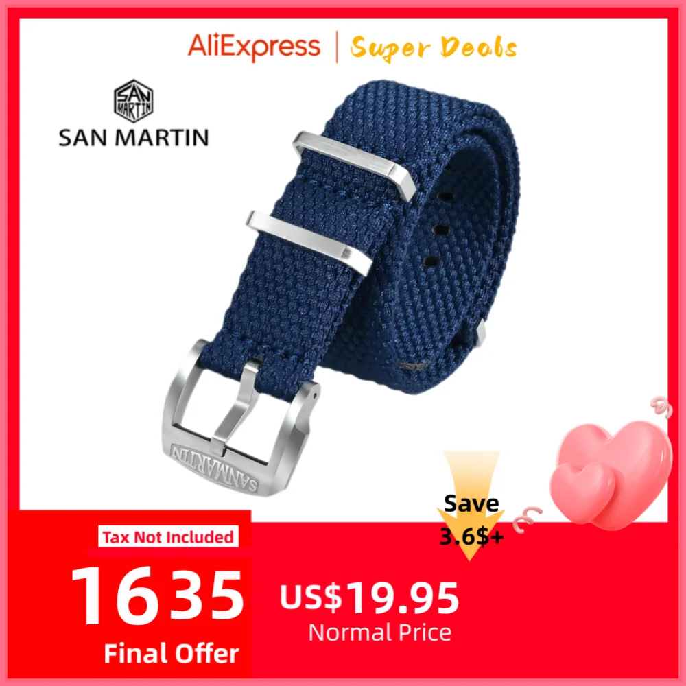 

San Martin Braided Linen Watch Strap 22mm 20mm Paratrooper Watchband Fabric Watch Band Buckle Belt Breathable BD0012