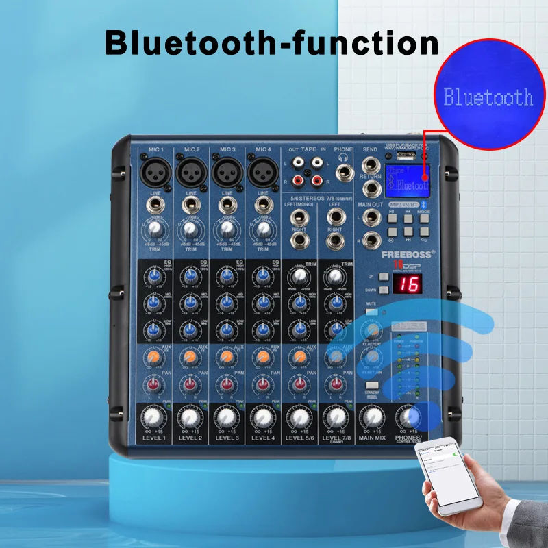 Freeboss 8 Channel Sound Mixing Console Bluetooth USB Record 16 DSP Delay Effect Church School Karaoke Party DJ Audio Mixer SMR8