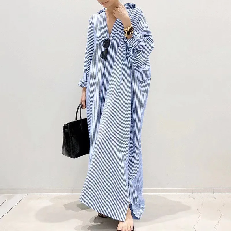 Wholesale Large-Size Women's Clothing Long Skirt Striped Straight Skirt Shirt Skirt Loose Jacket Seven-Quarter Sleeve Dress