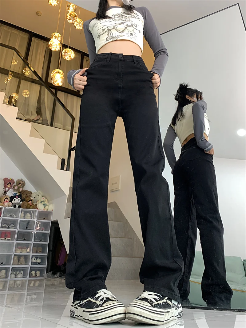 

Эластичные джинсы с прямыми штанинами, женские узкие широкие брюки с высокой талией, утягивающие длинные брюки больших размеров, осеннее новое поступление