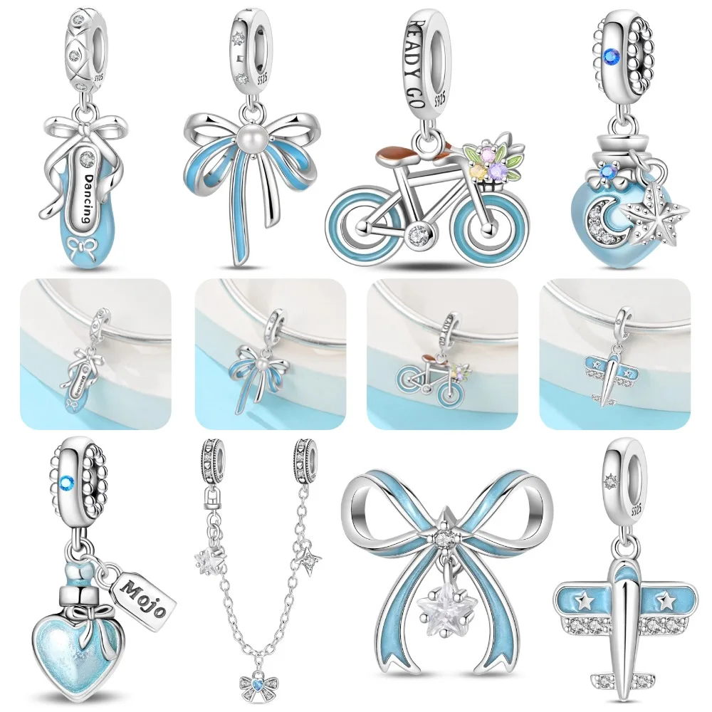 Original 925 Sterling Silver Exquisite Blue Bicycle Bow Plane Charms Pendants For Bracelet Necklace Jewelry Gift Making