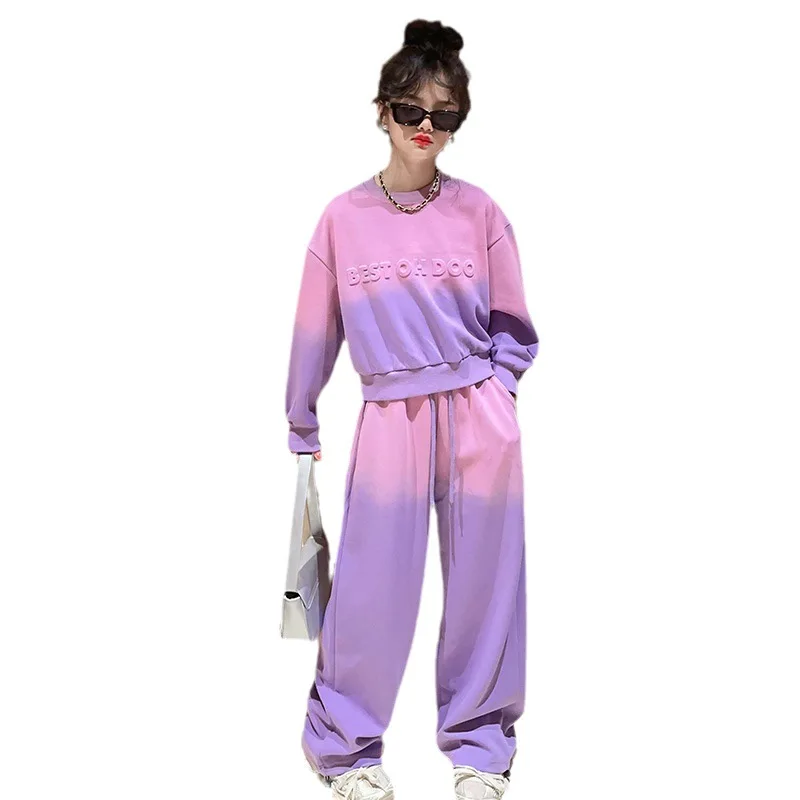 Girls Sports Suit Spring and Autumn Children's Long-sleeved Sweater + Wide-leg Pants Two-piece Set Loungewear Outfit