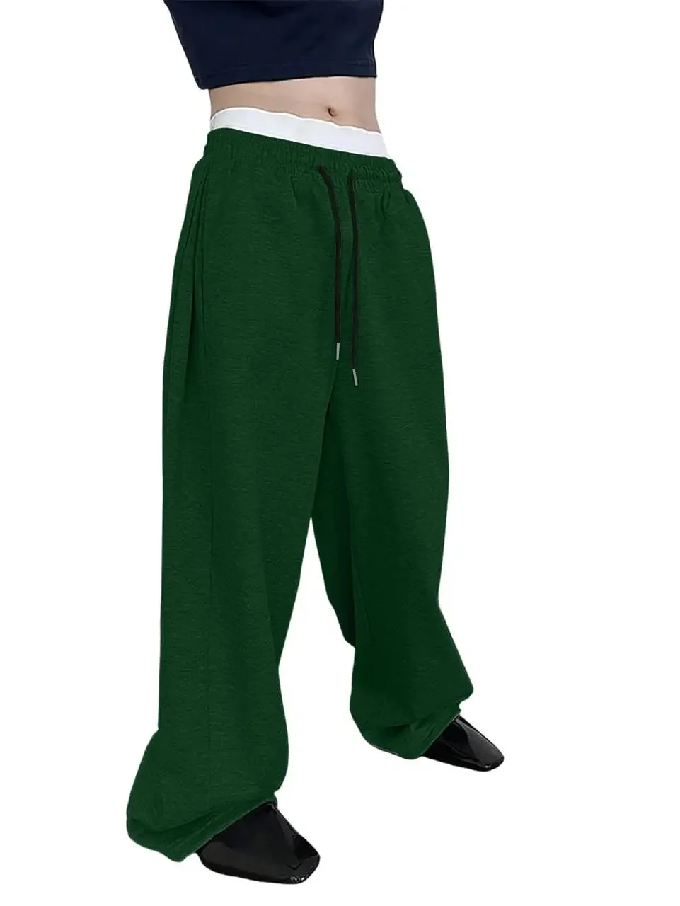 Loose sportscomfortable wide leg pants elastic waist half length pants long cropped pants casual student fashion hoodies trendy