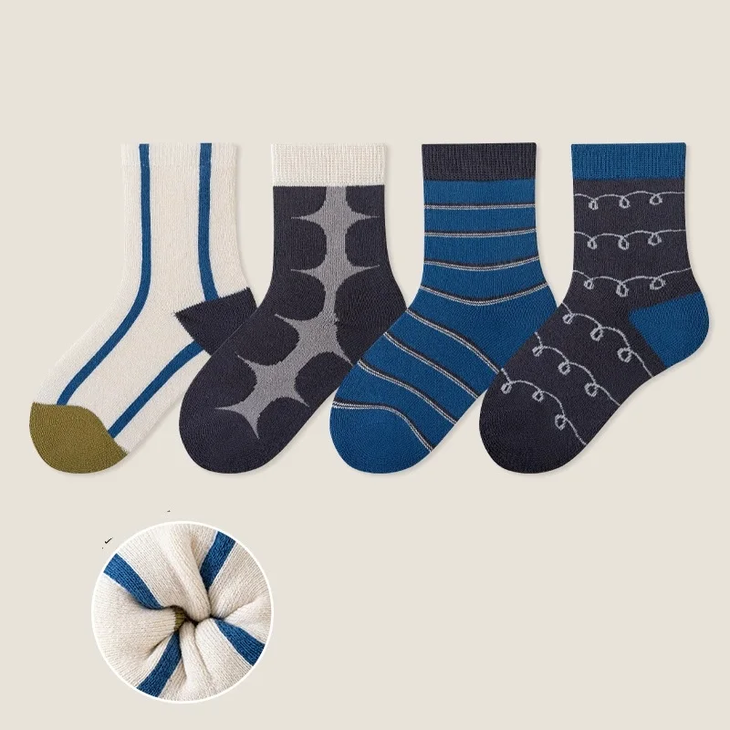 Kids Socks Autumn Spring Winter 76%Cotton Boy Girl Lovely Striped Baby Children Sock 3-12 Year 4Pair/lot Student Warm Velvet