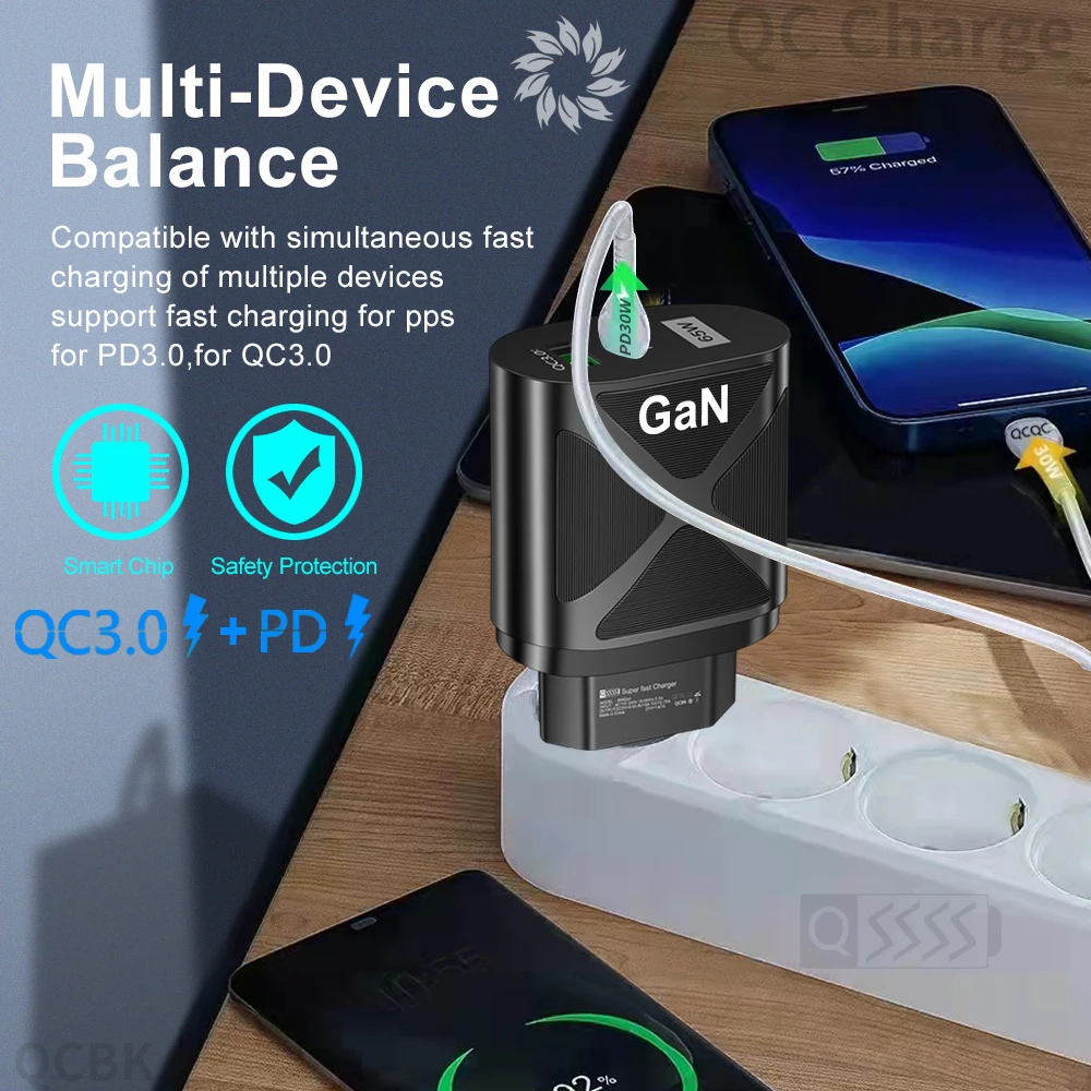 65W GaN USB Charger Fast Charging Phone Charger Adapter For iPhone 17 16 Pro Xiaomi EU/US/KR/UK Plug QC 3.0 Type C Wall Charger