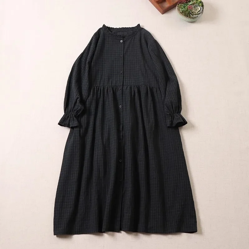 Japanese Mori Girl Vintage Plaid Cotton Linen Dress Women Spring Autumn Long Sleeve Casual Loose Single Breasted Shirt Dresses