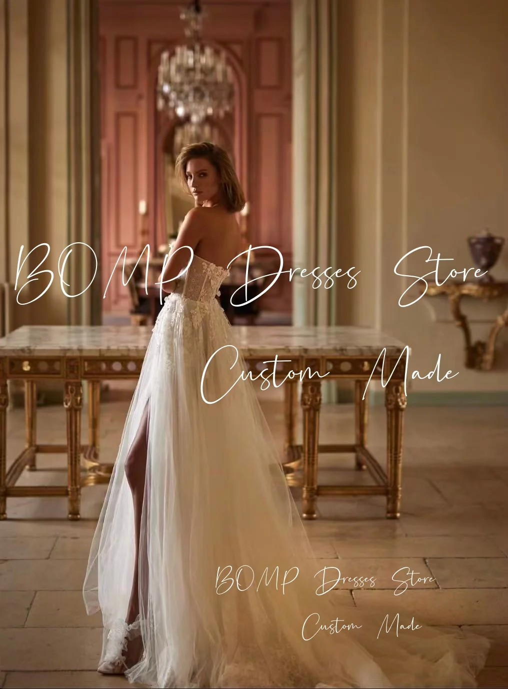 Suknie ślubne BOMP Vintage z kwiatami 3D dla panny młodej, dekolt w serduszko, wysokie rozcięcie z boku, suknia ślubna szyta na miarę, nowa suknia ślubna 2026