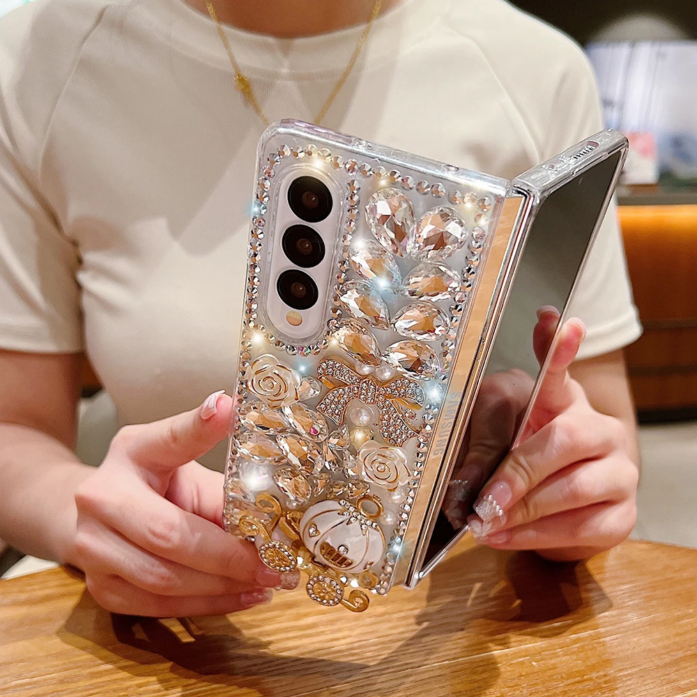 Luxury Bling Rhinestone Pumpkin Cart Crystal Clear PC Cover For Samsung Galaxy Z Fold 7 6 5 4 3 Laser Pearl Glitter Flowers Case