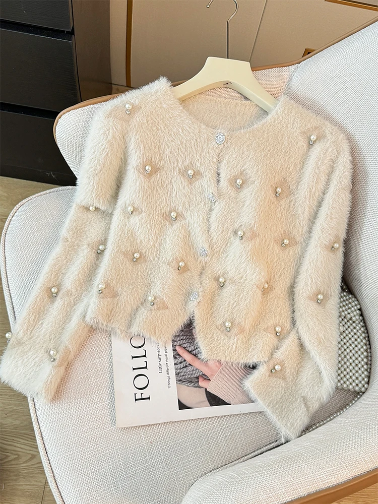 Beading O-Neck Plush Long Sleeved Sweater  Women\'s Autumn Loose Soft Glutinous Knit Cardigan Elegant Single Breasted Short Top