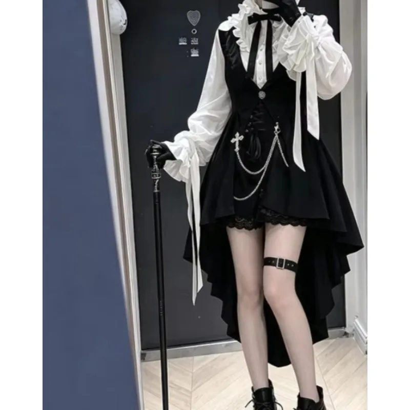 Women Gothic Y2K 3 Piece Set Bow White Shirt Black Trailing Vest Shorts Harajuku Vintage Suit