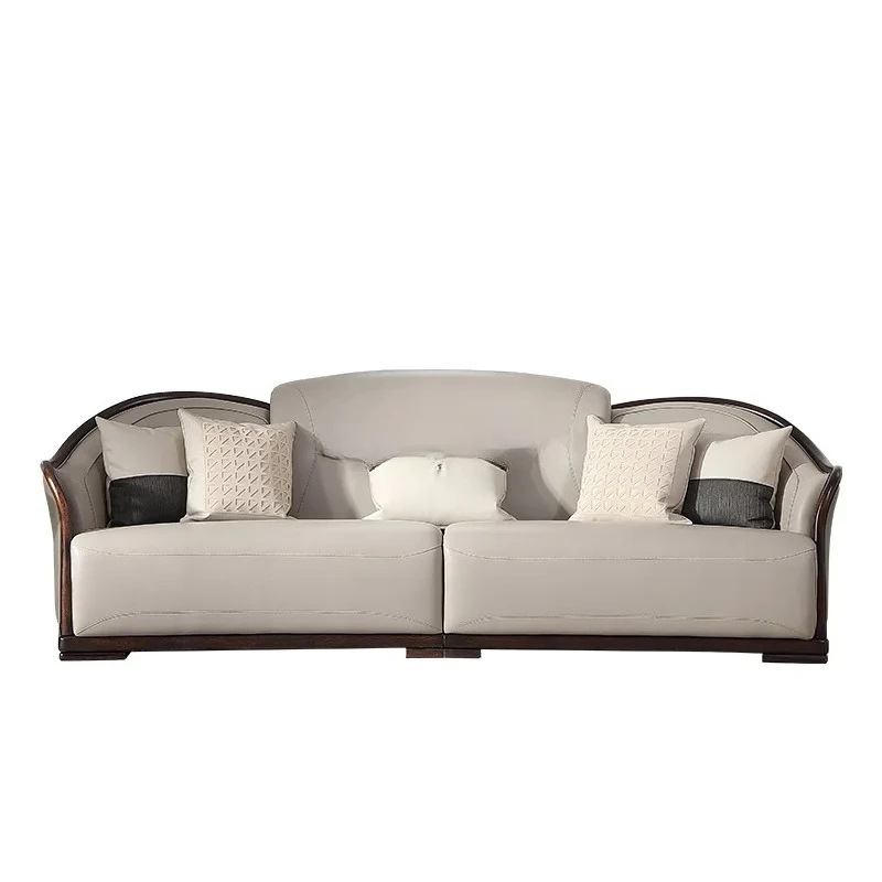 

New Chinese light luxury solid wood leather sofa living room first layer cowhide three-person sofa