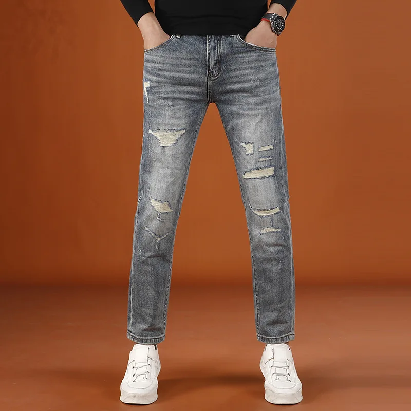 

Мужские брюки со сломанными дырками, новинка 2023 года, осенние уличные модные ретро ностальгические эластичные длинные брюки с маленькой ногой