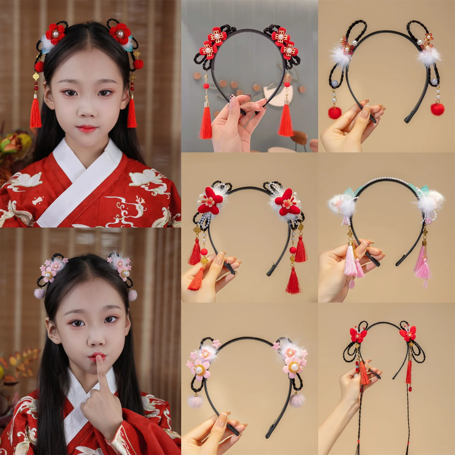 Hair Clips Hair Hoop Girl Braided Wig Tassel Flower Hair Hoop For Girls, New Year Hair Accessories, Hanfu Styling Headwear